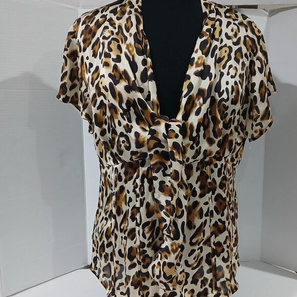 Agora Women's Cheetah Top Short Sleeve side zip Blouse Size XL - Picture 7 of 12